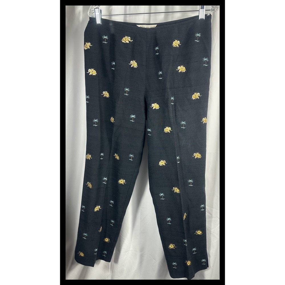 Peter Martin Dress Pants Womens 10 Black Elephant Palm‎ Tree Embroidered Novelty